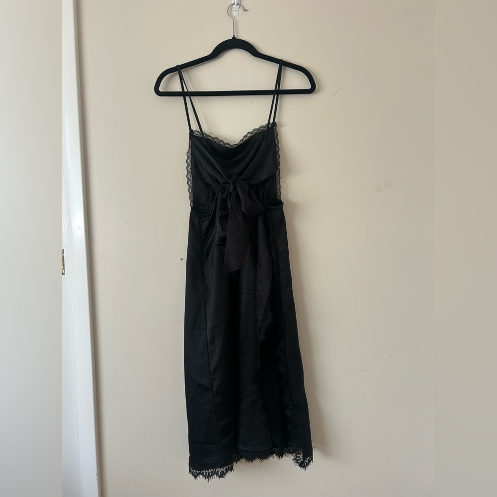 Free People Black Lace Trim Tie Back Satin Midi Slip Dress - Picture 4 of 4